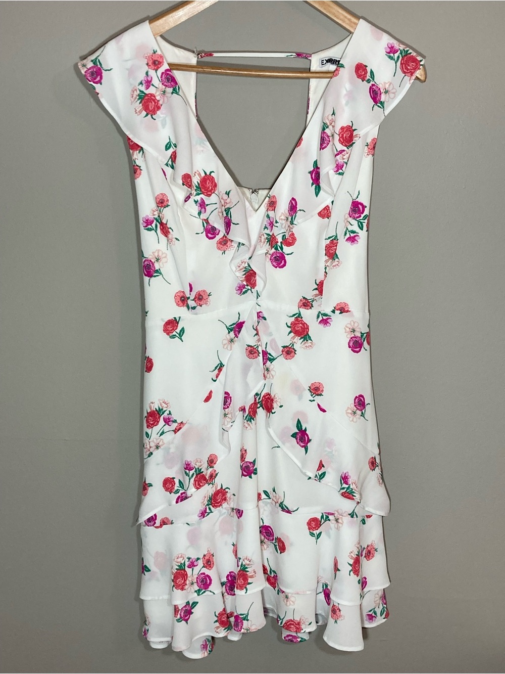 White Floral Tiered Ruffle Mini Sundress with Tie Back Waist